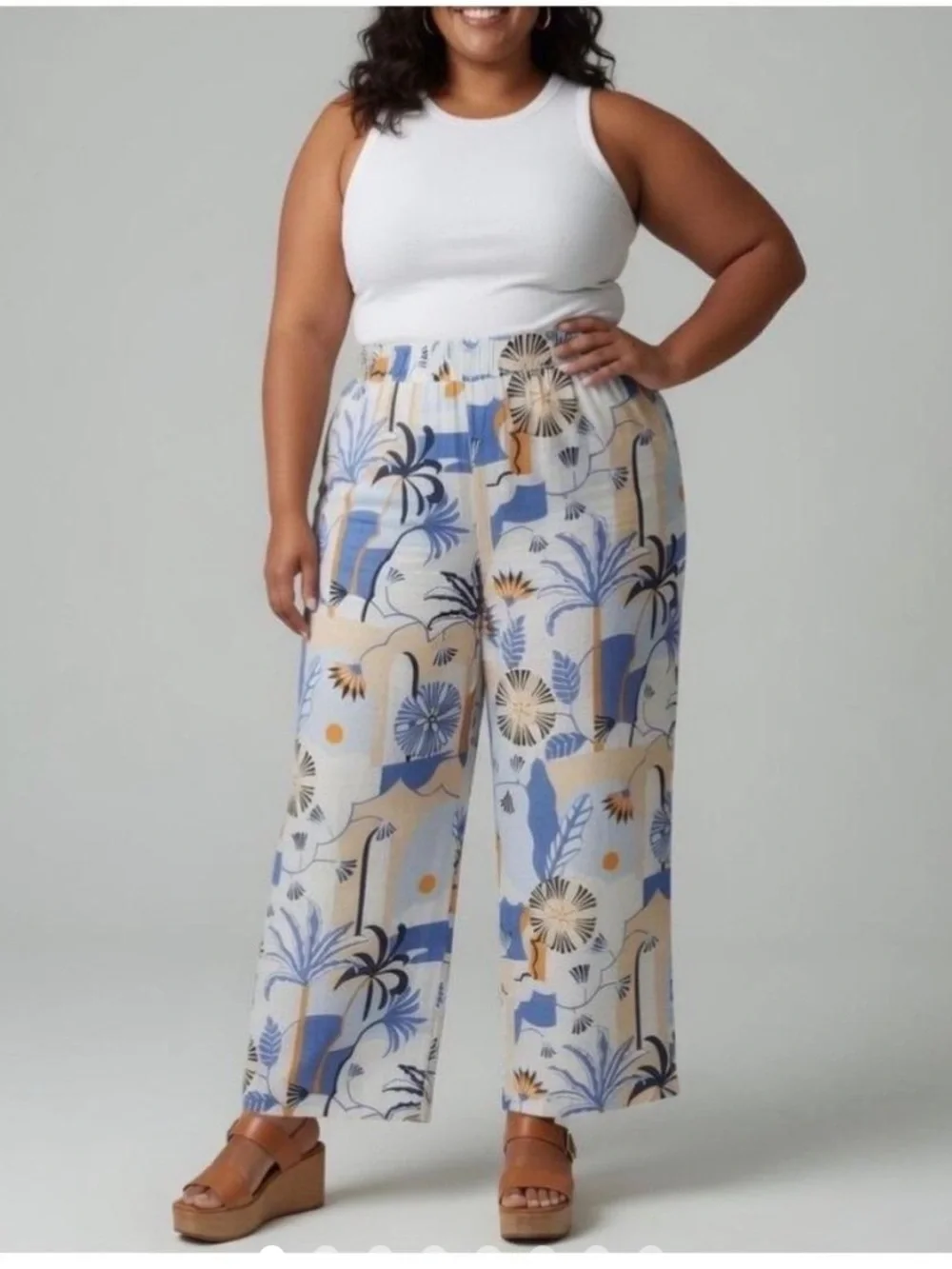 Nicole Miller 100% Linen Wide Leg Tropical Floral Summer Pant SZ M Blue Orange